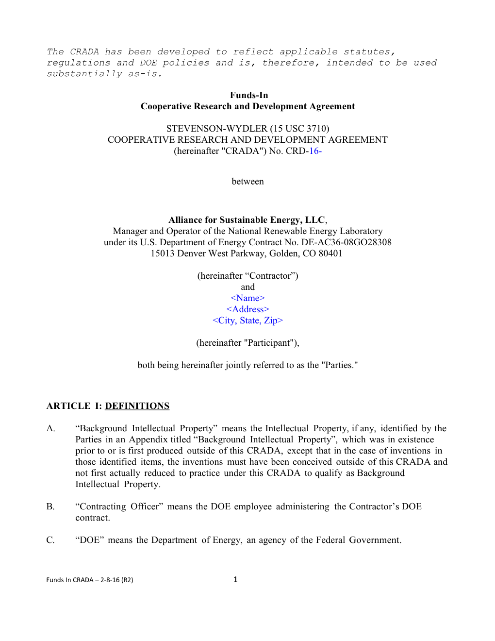 Information About NREL Standard CRADA Terms