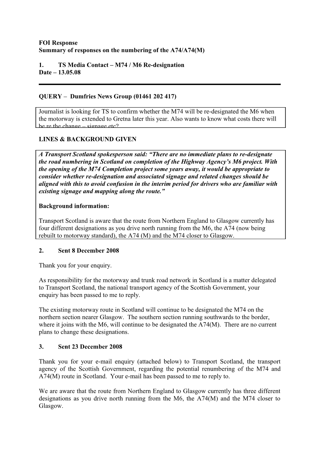 Summary of Responses on the Numbering of the A74/A74(M)