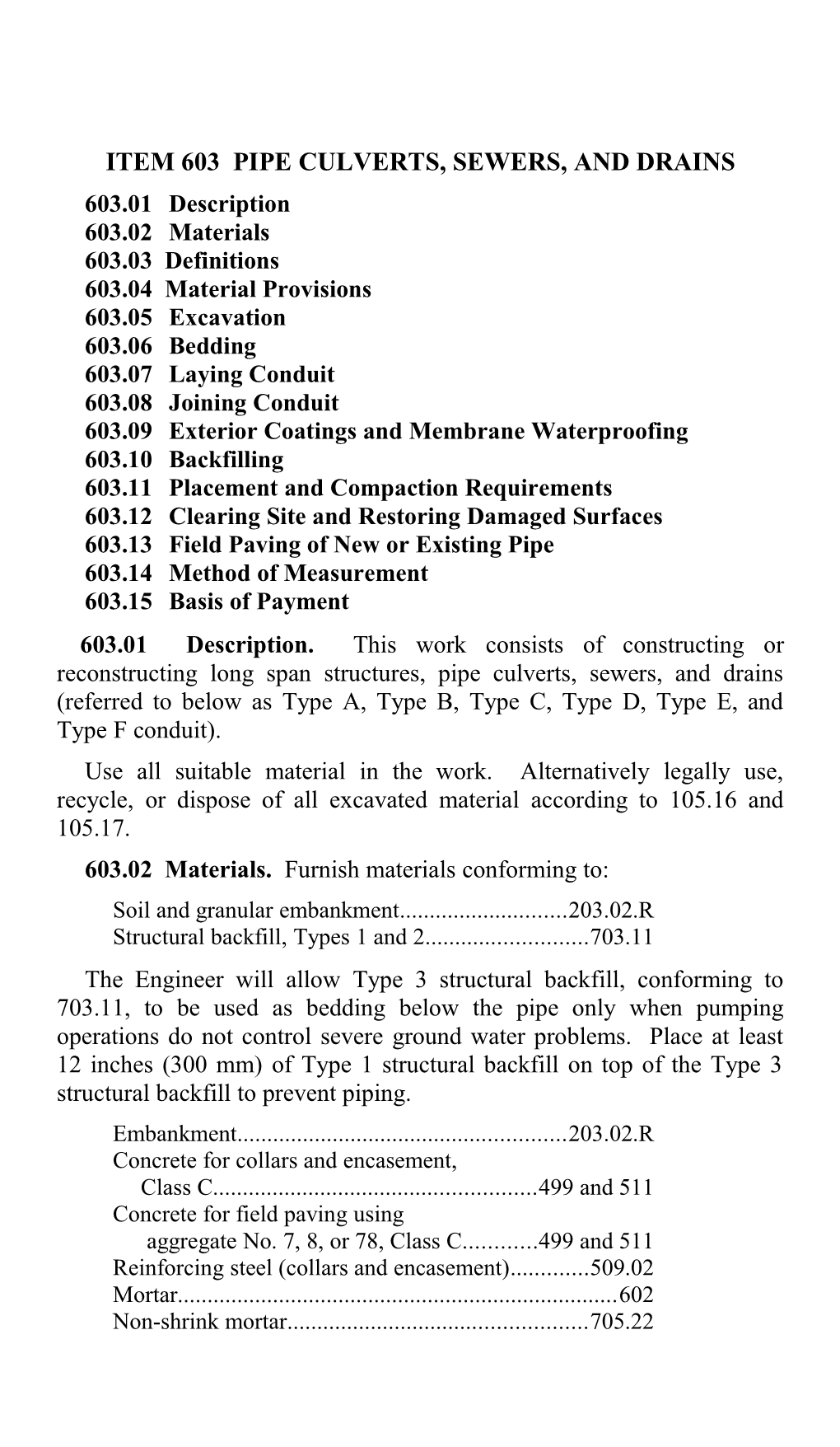 Item 603 Pipe Culverts, Sewers, and Drains