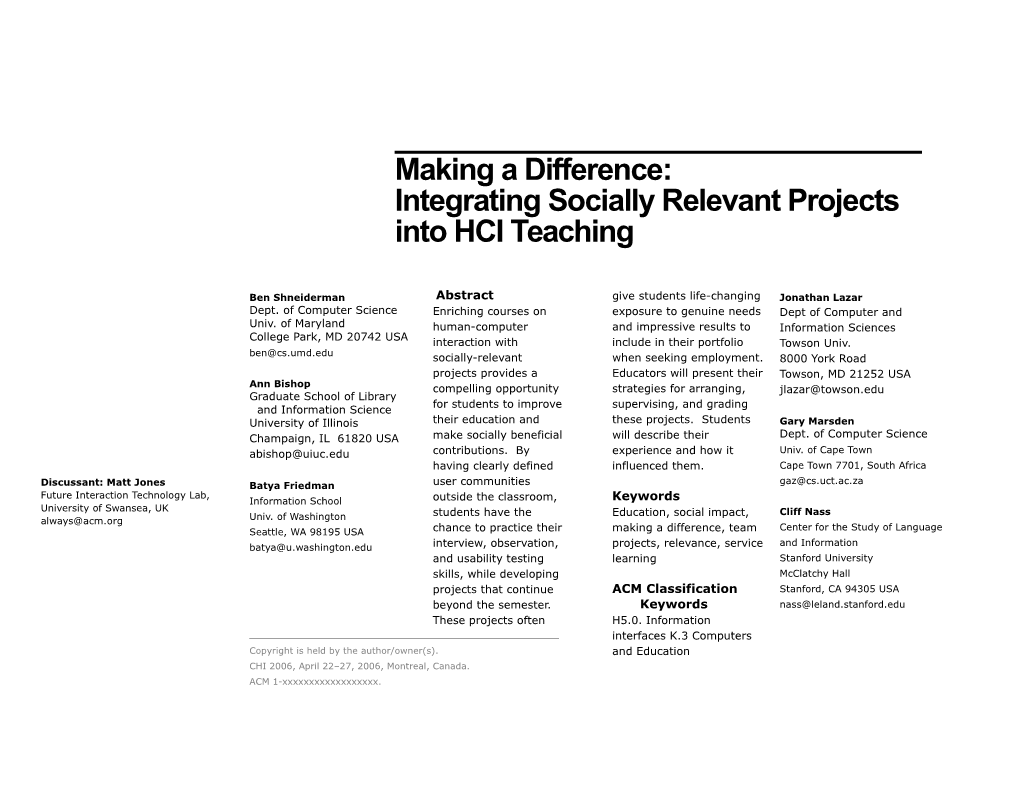 Making a Difference: Integrating Socially Relevant Projects Into HCI Teaching