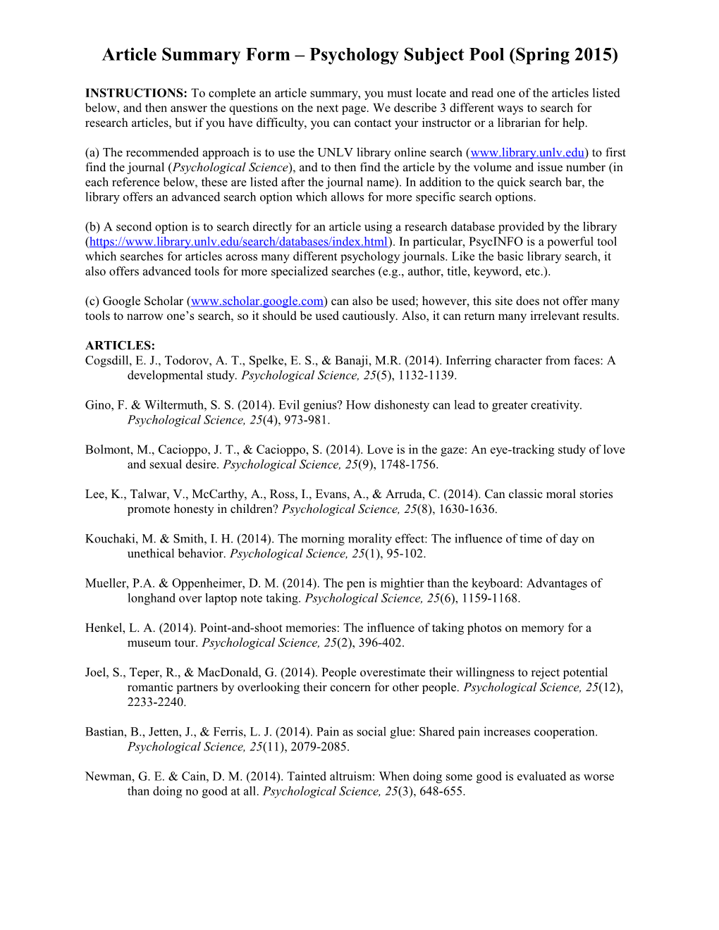 Article Summary Form Psychology Subject Pool (Spring 2015)