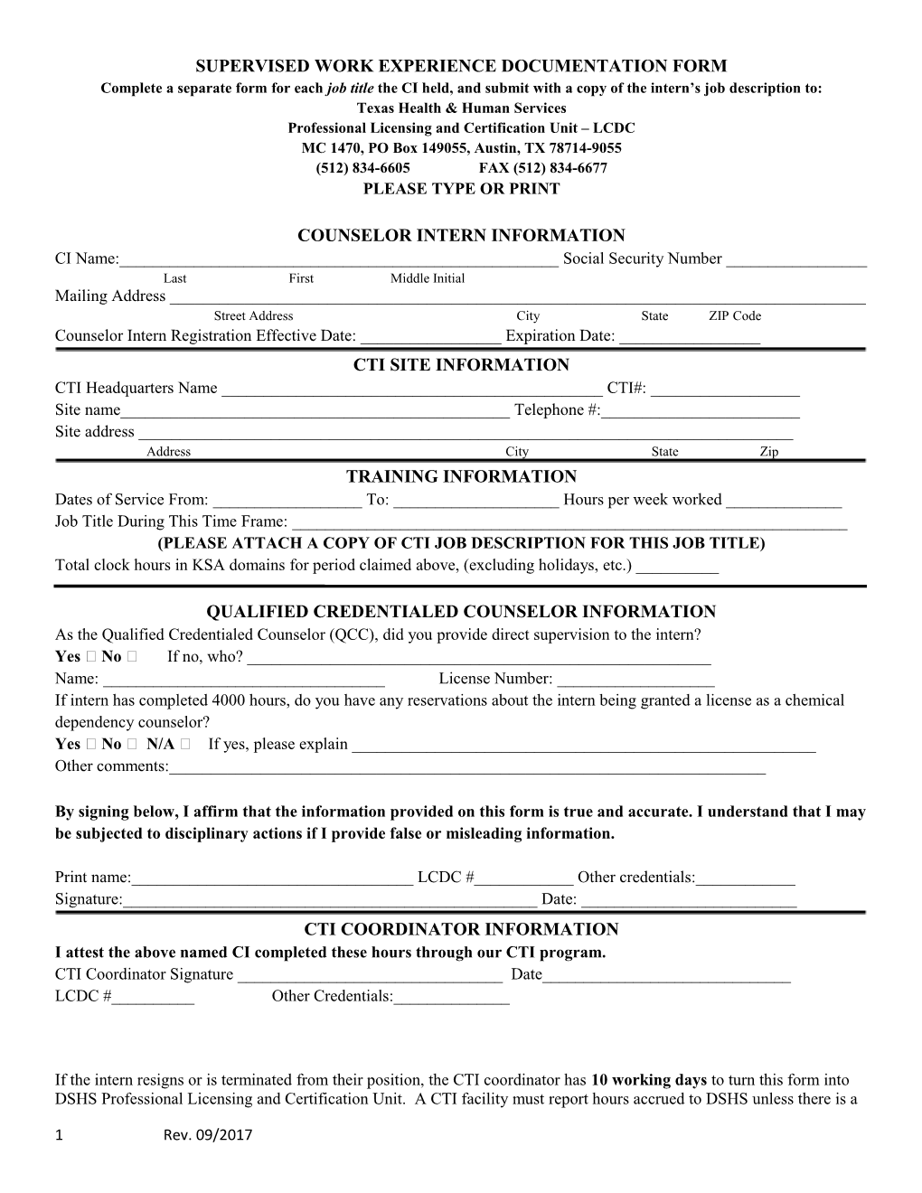 Supervised Work Experience Documentation Form