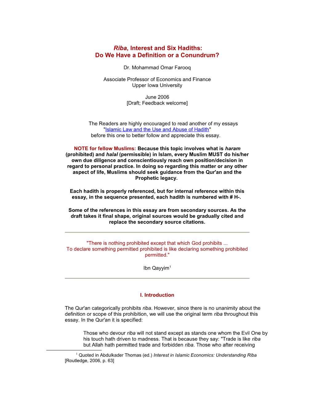 Article: Riba, Interest and Six Hadiths: Do We Have a Definition Or a Conundrum? by Dr