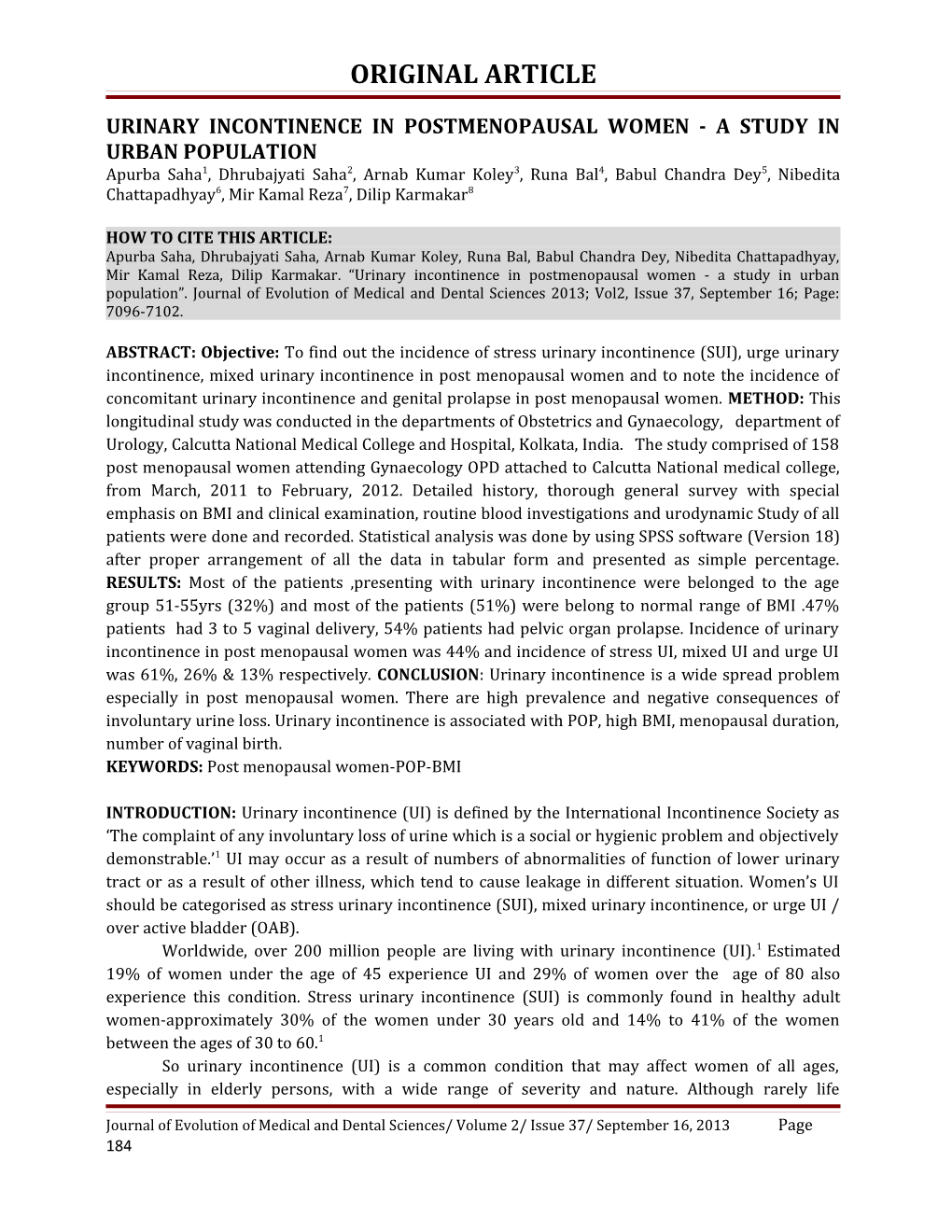 Urinary Incontinence in Postmenopausal Women- a Study in Urban Population