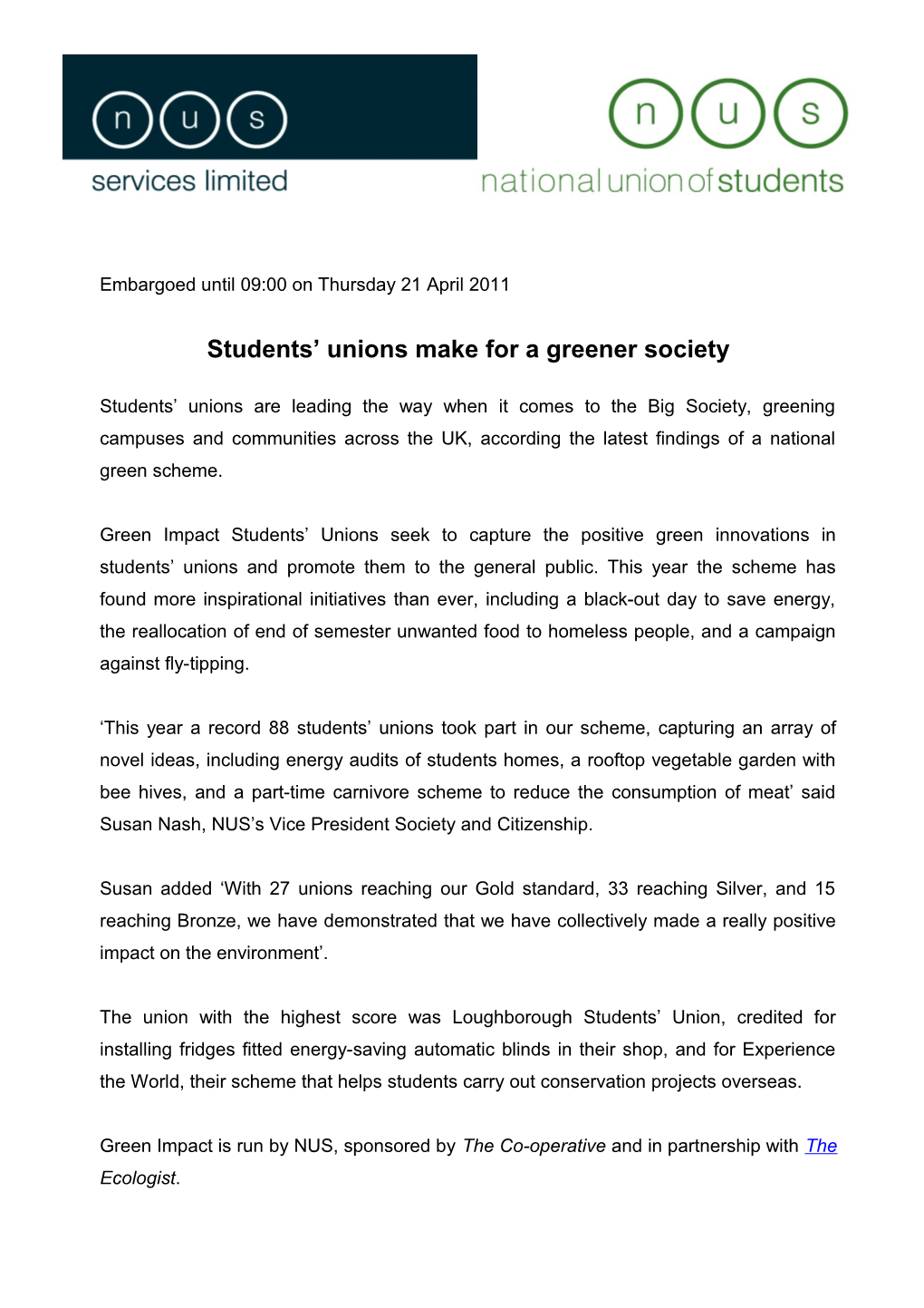 Students Unions Make for a Greener Society