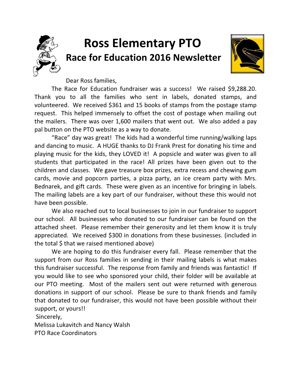 Ross Elementary PTO Race for Education 2016Newsletter