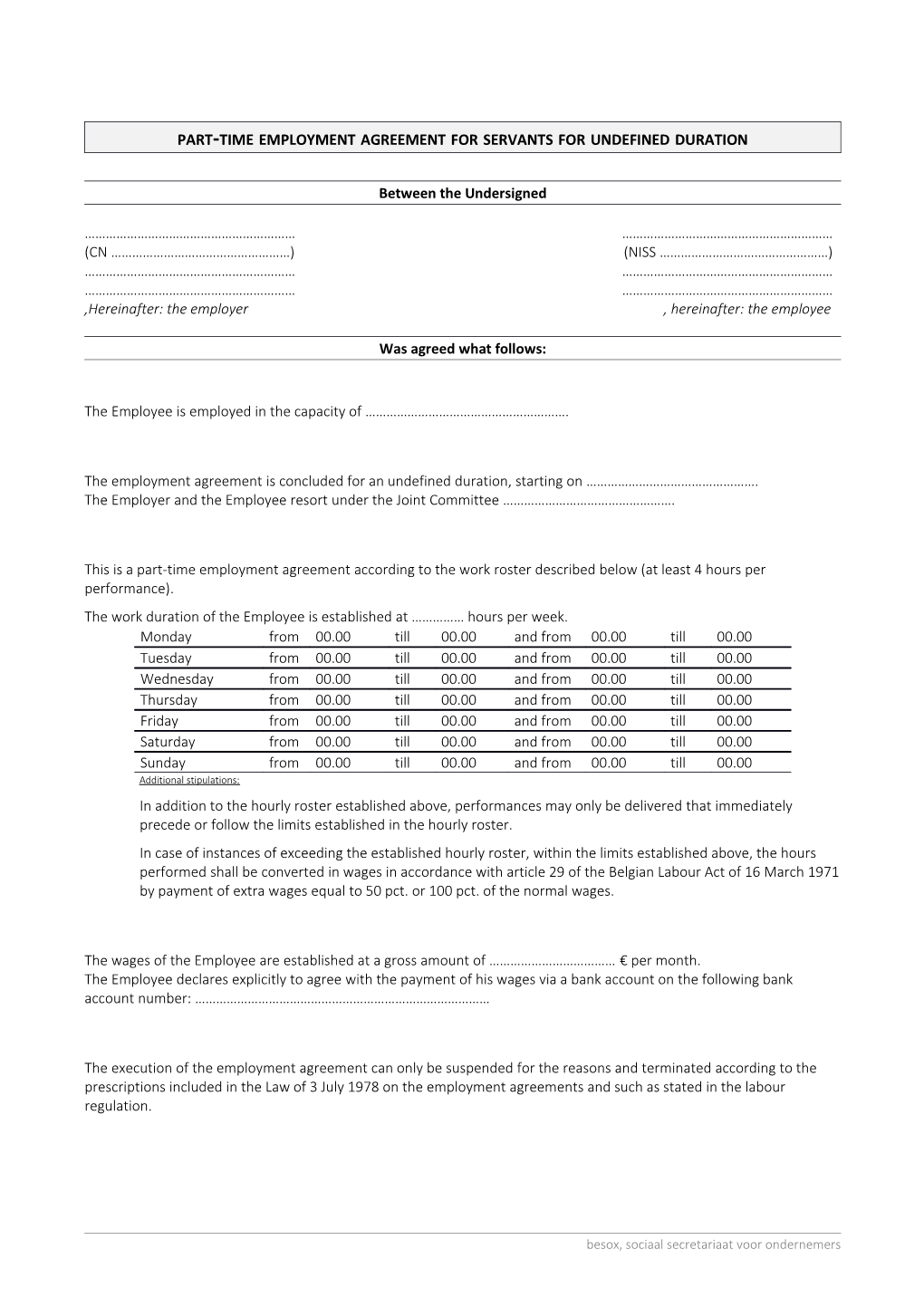 Part-Time Employment Agreement for Servants for Undefined Duration