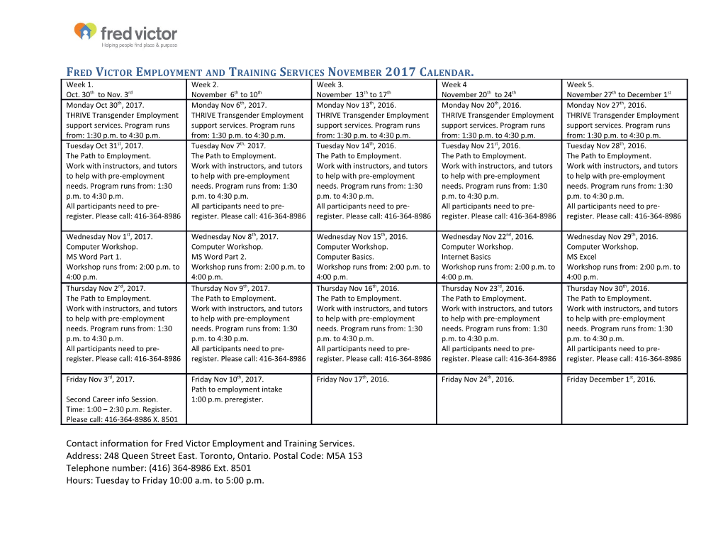 Fred Victor Employment and Training Services November 2017Calendar