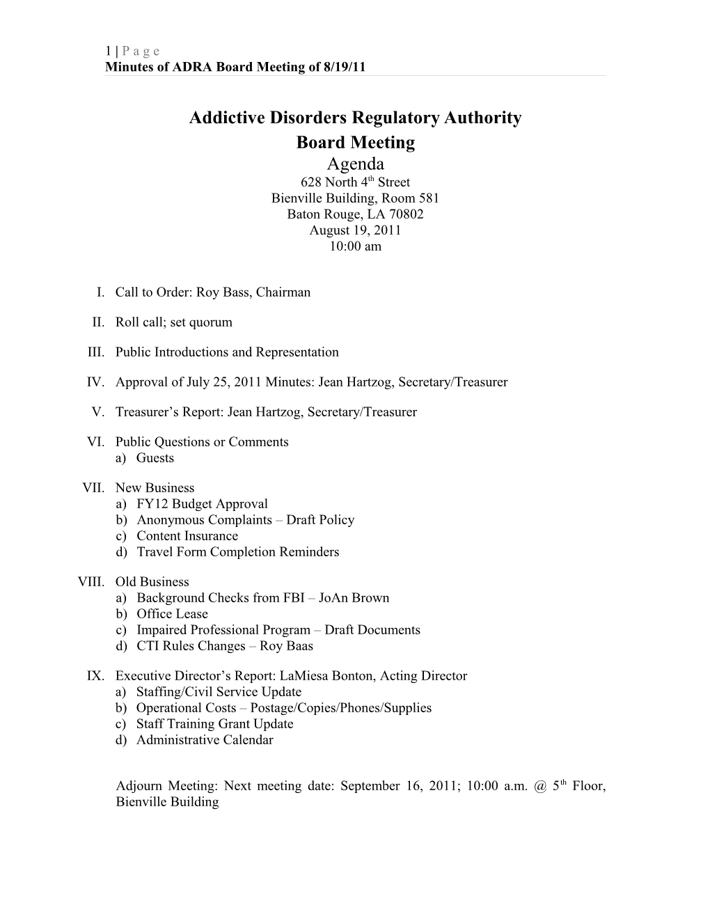 Minutes of ADRA Board Meeting of 8/19/11