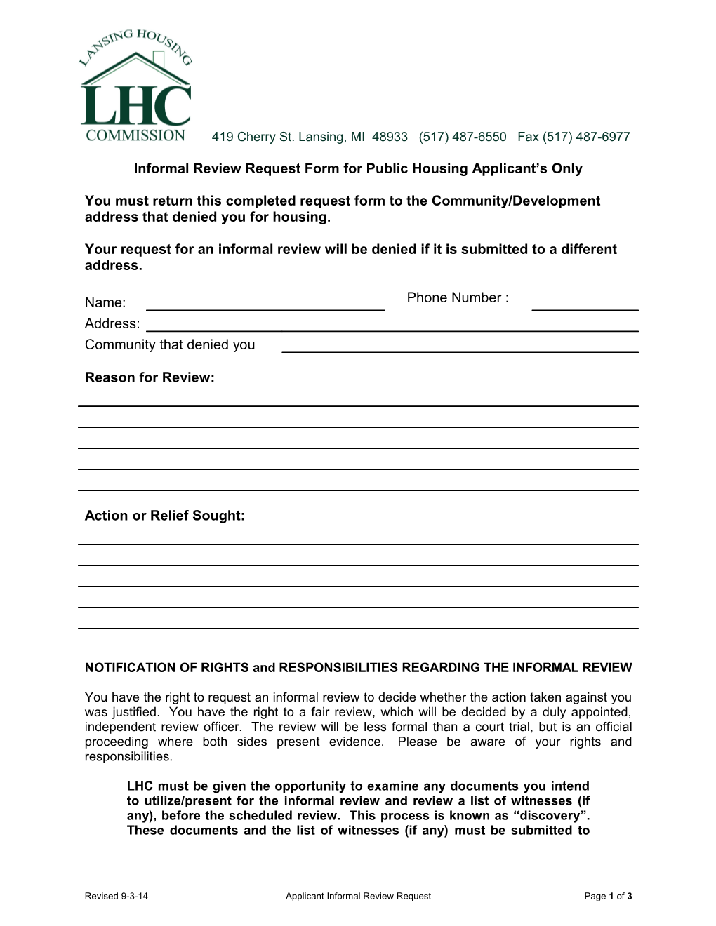 Informal Review Request Form for Public Housing Applicant S Only