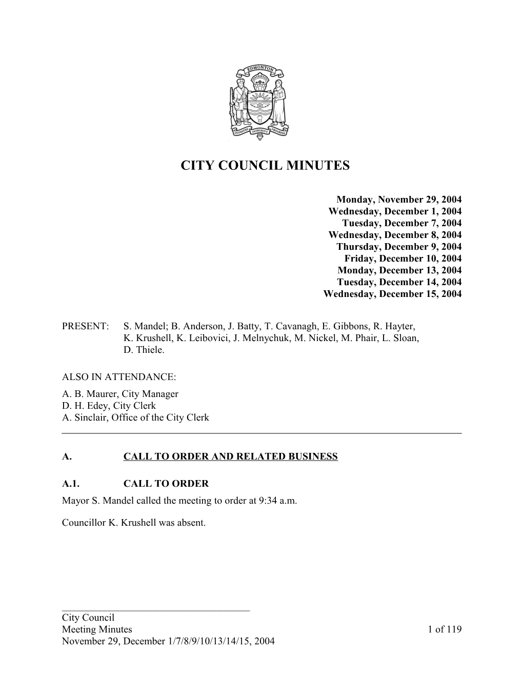 Minutes for City Council November 29, 2004 Meeting