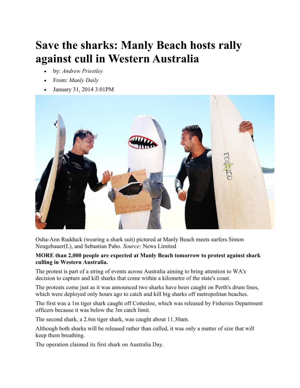 Save the Sharks: Manly Beach Hosts Rally Against Cull in Western Australia