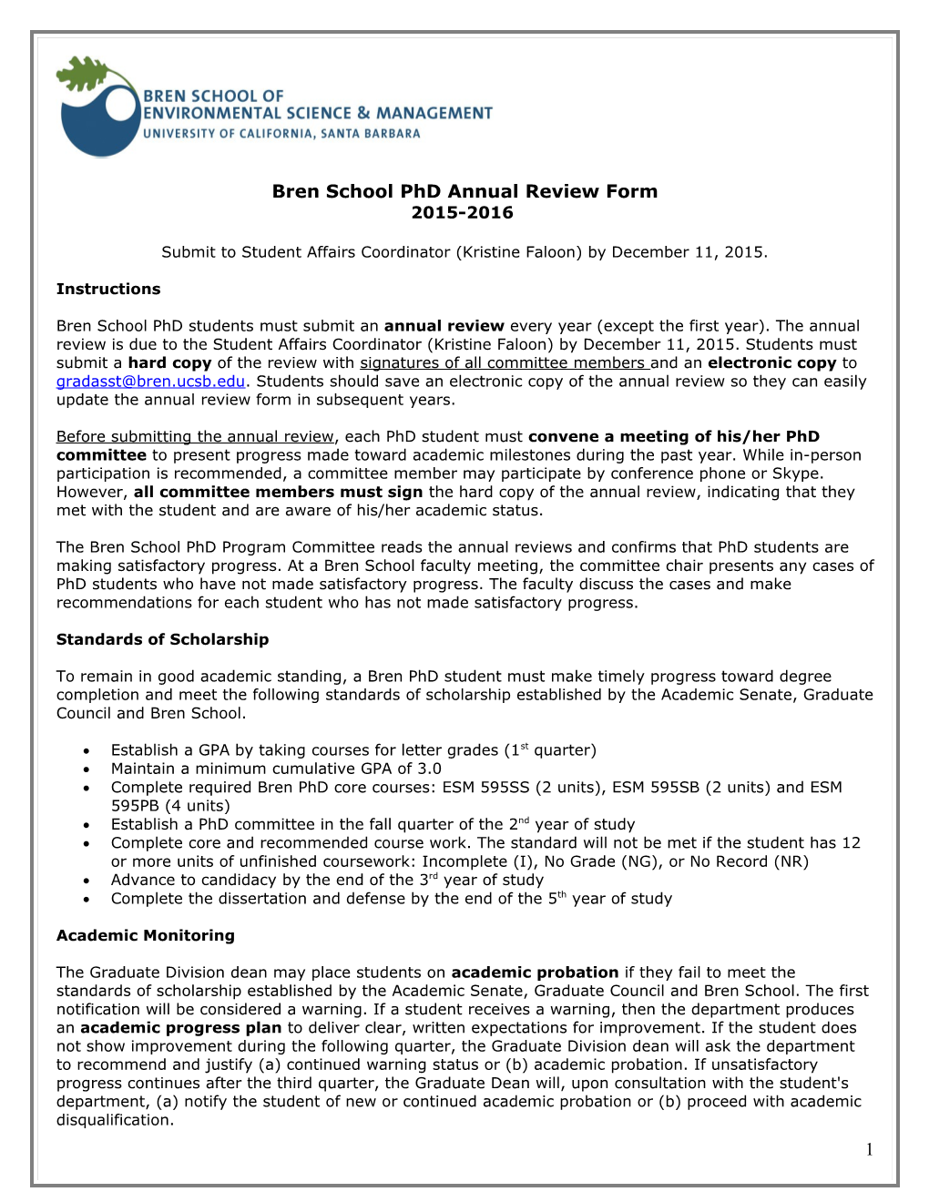 Bren School Phd Annual Review Form