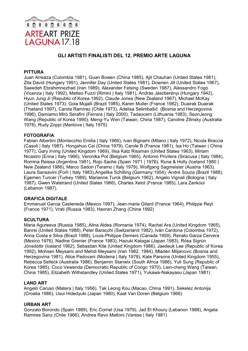 Gli Artisti Finalisti Del 12. Premio Arte Laguna
