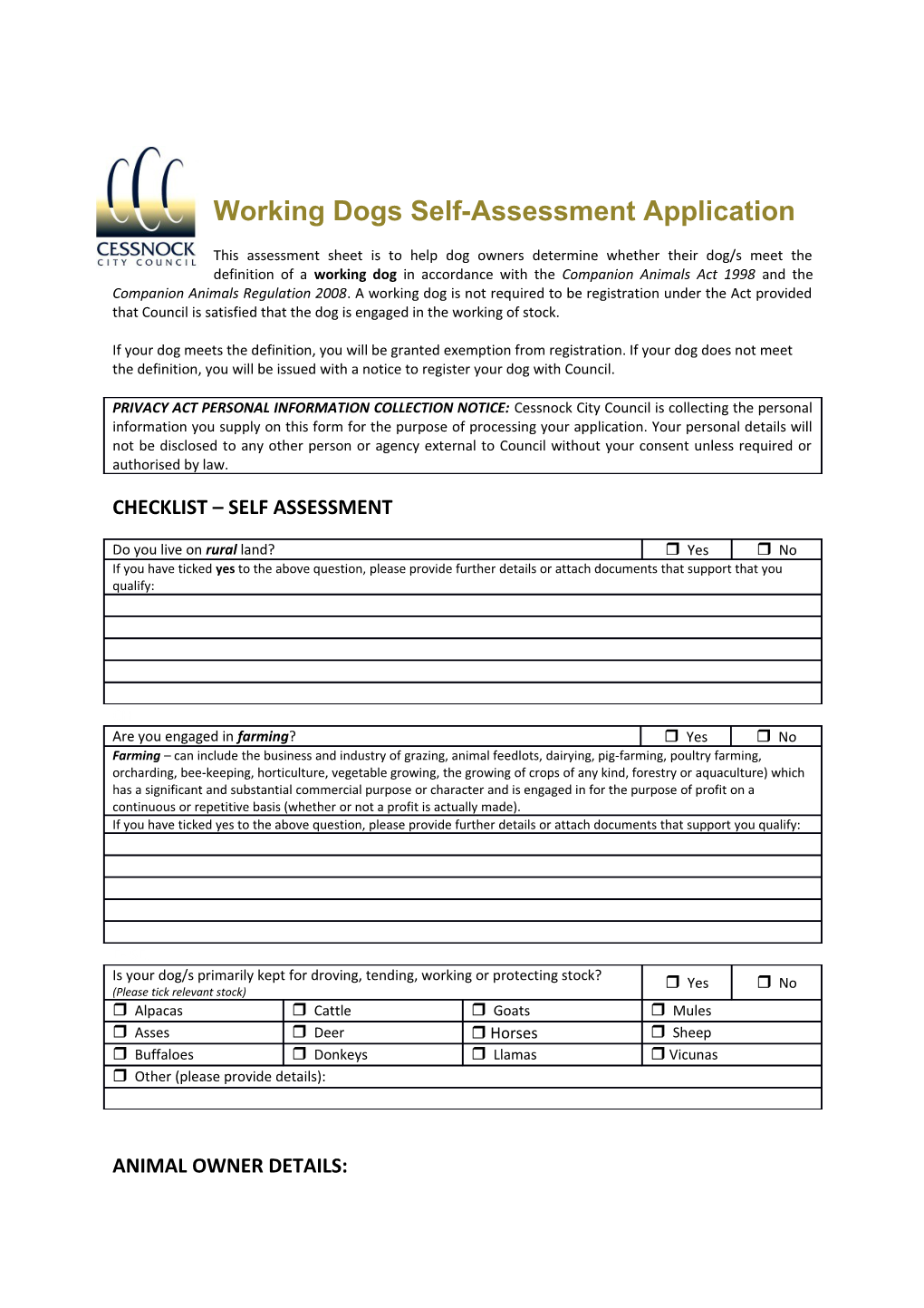 Working Dogs Self-Assessment Application