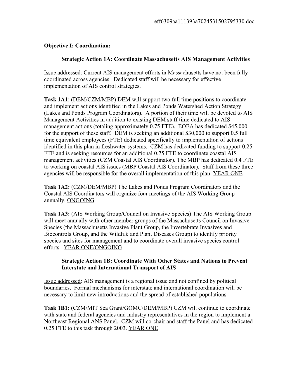 Strategic Action 1A: Coordinate Massachusetts AIS Management Activities