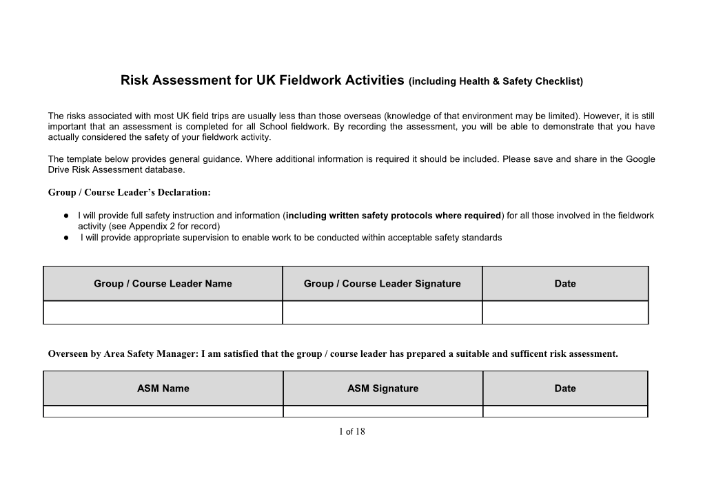 UK Fieldwork Risk Assessment Form