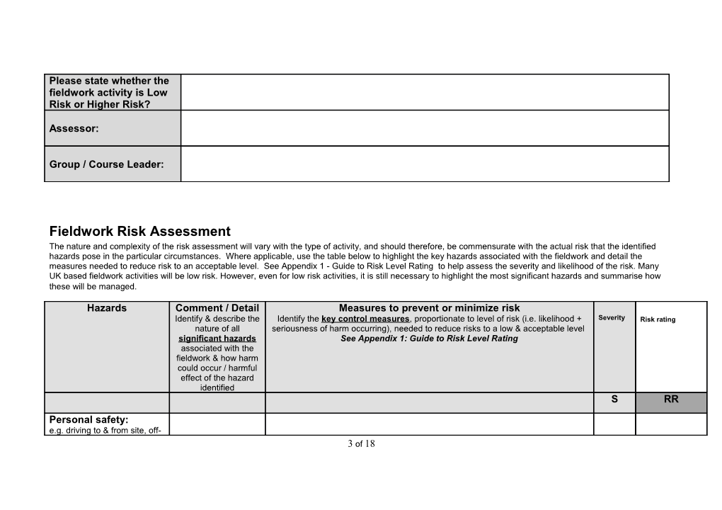 UK Fieldwork Risk Assessment Form