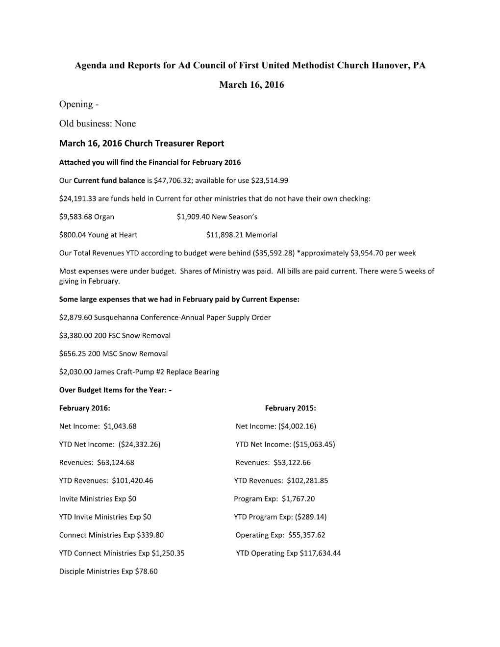 Agenda and Reports for Ad Council of First United Methodist Church Hanover, PA