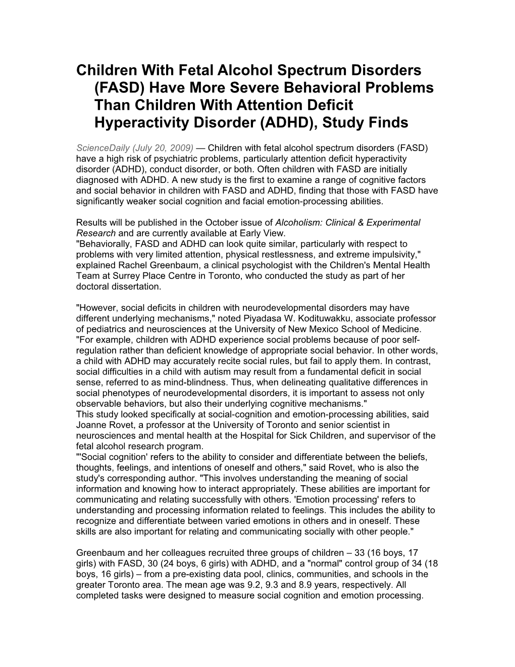 Children with Fetal Alcohol Spectrum Disorders (FASD) Have More Severe Behavioral Problems