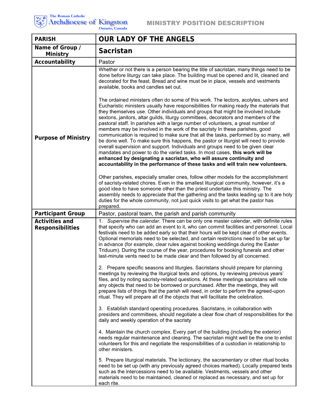 Archdiocese of Kingston POSITION DESCRIPTION September 2004