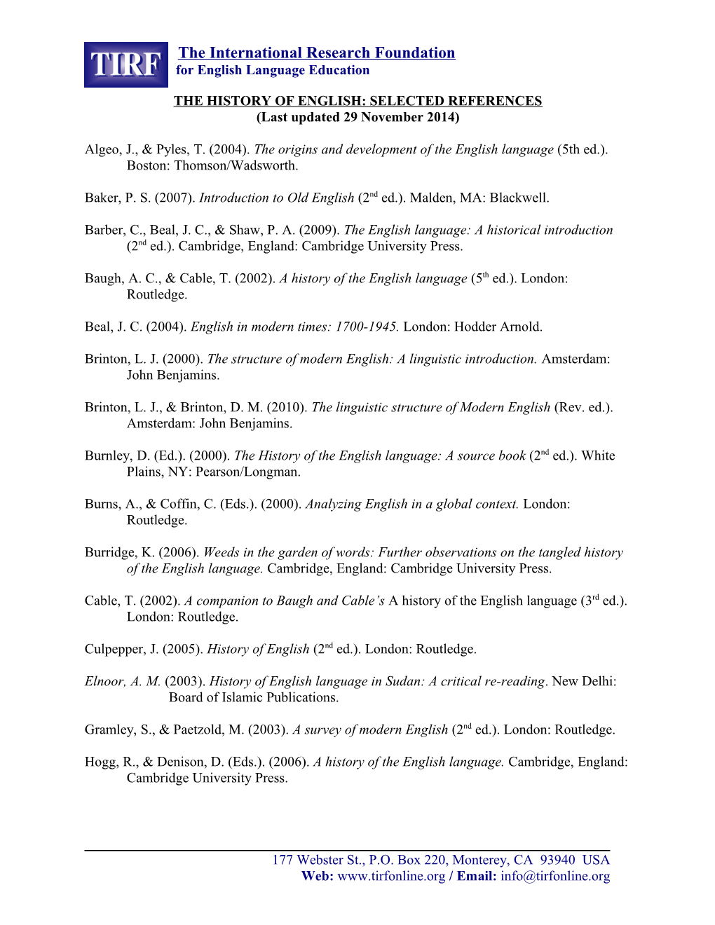 The History of English: Selected References