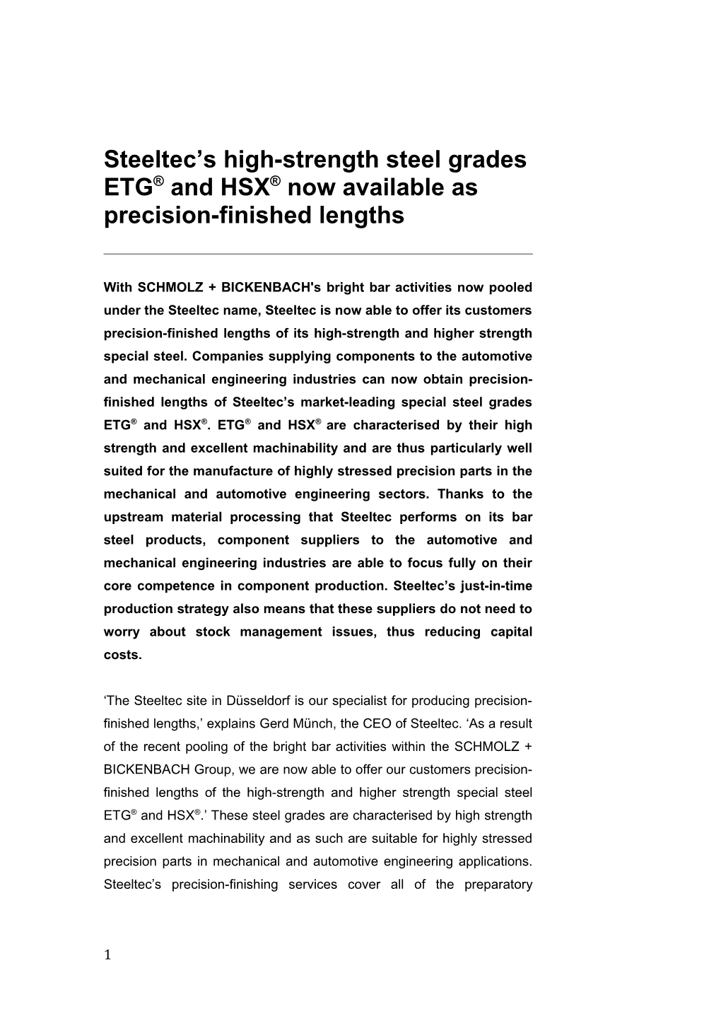 Steeltec S High-Strength Steel Grades ETG and HSX Now Available As Precision-Finished Lengths