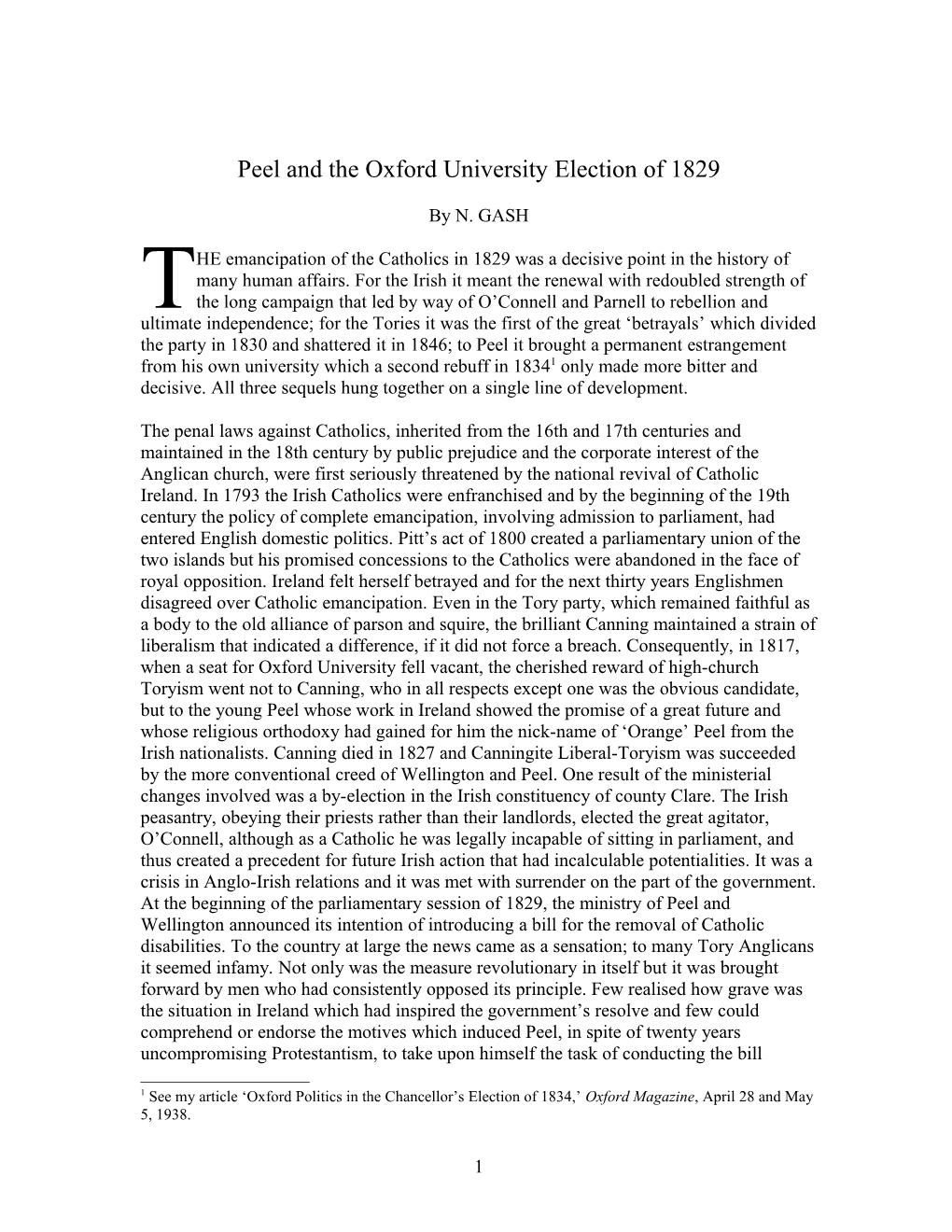 Peel and the Oxford University Election of 1829