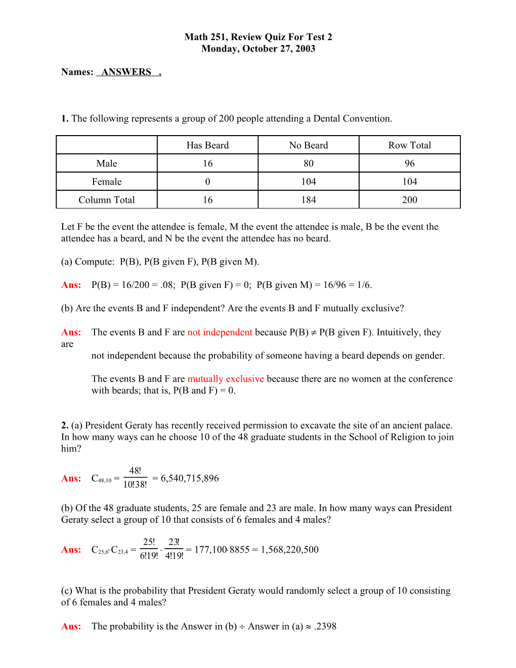 Math 251, Review Quiz for Test 2