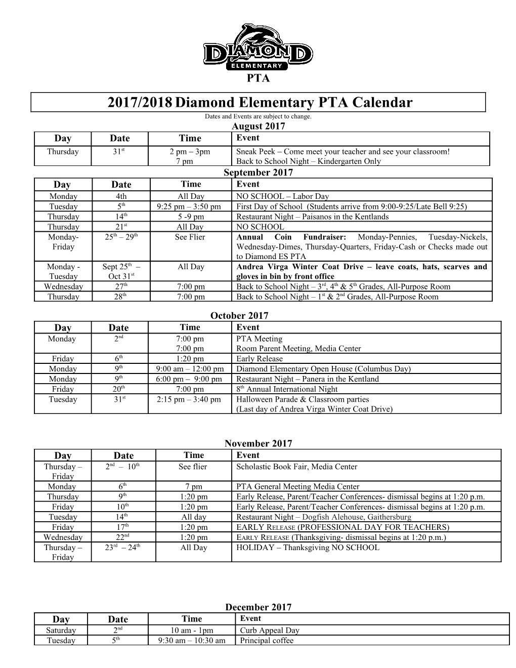 2017/2018Diamond Elementary PTA Calendar