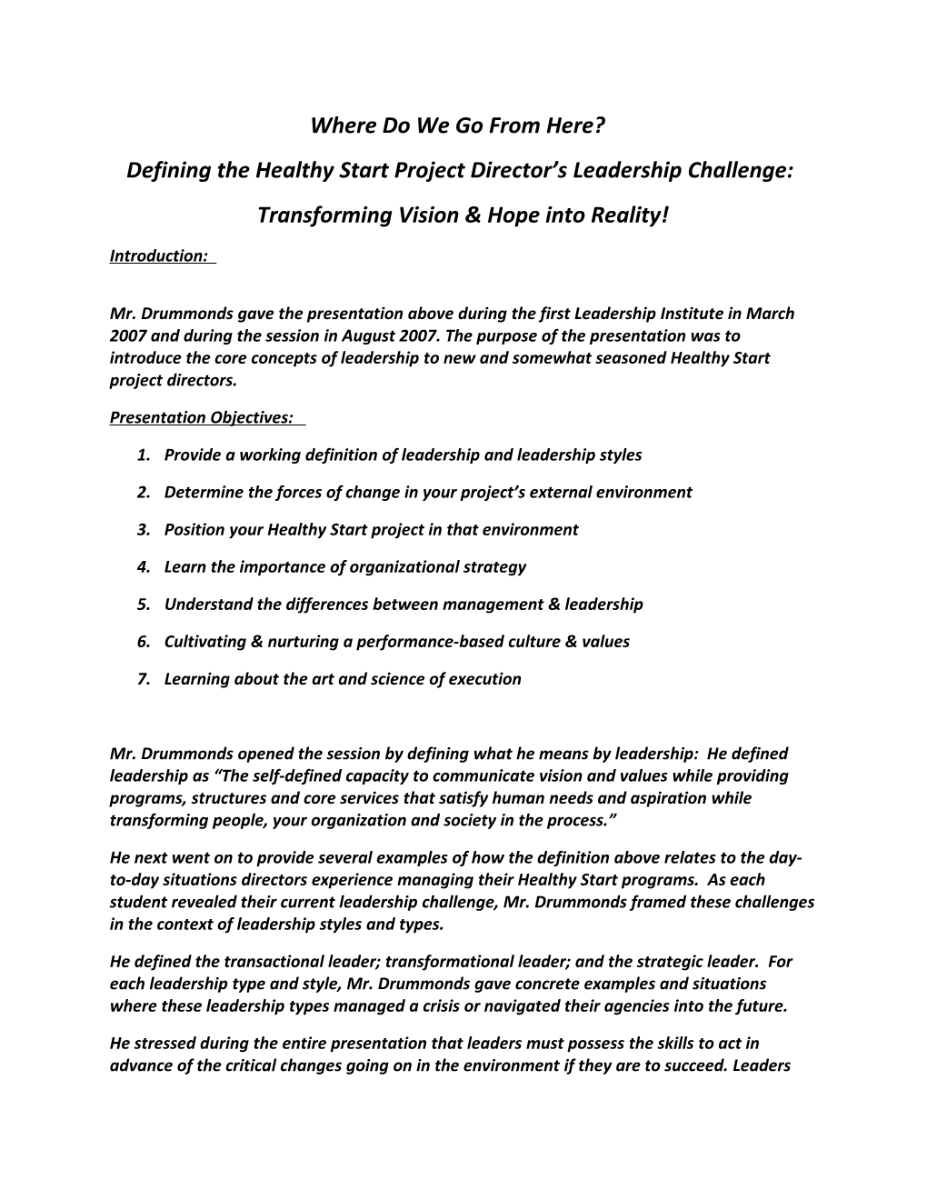 Defining the Healthy Start Project Director S Leadership Challenge