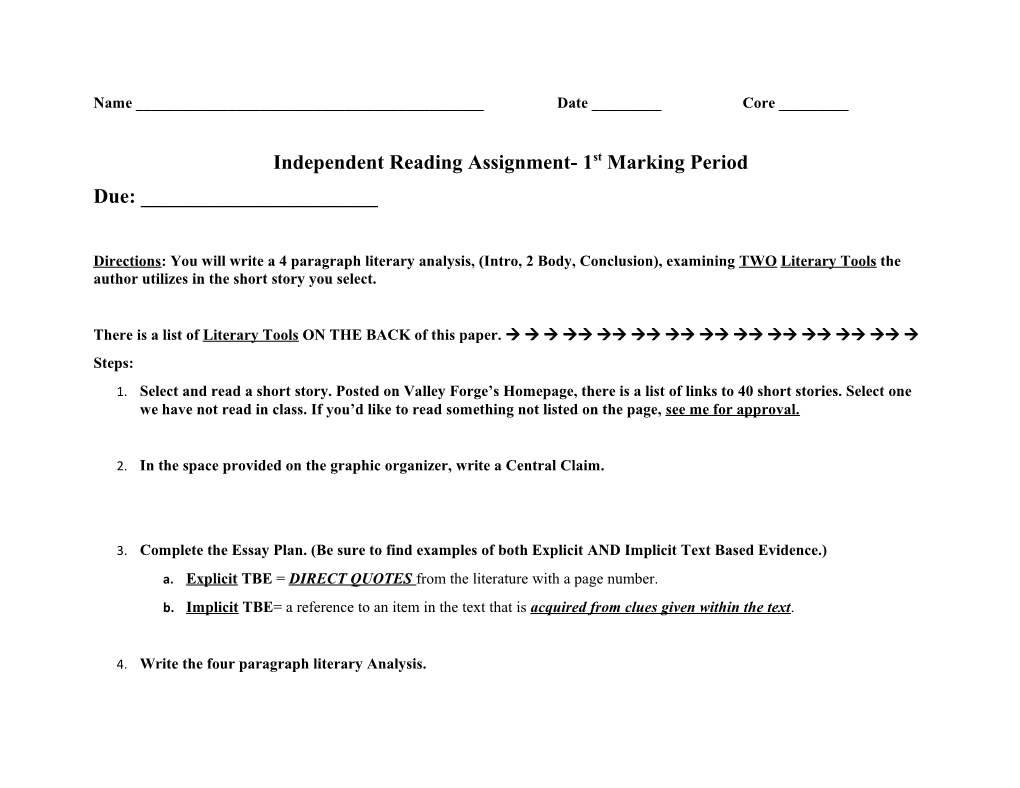 Independent Reading Assignment- 1St Marking Period