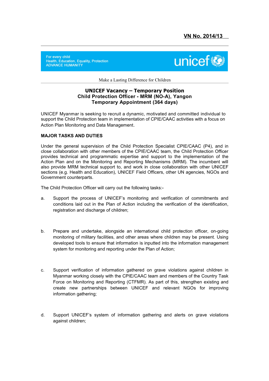 UNICEF Vacancy Temporary Position