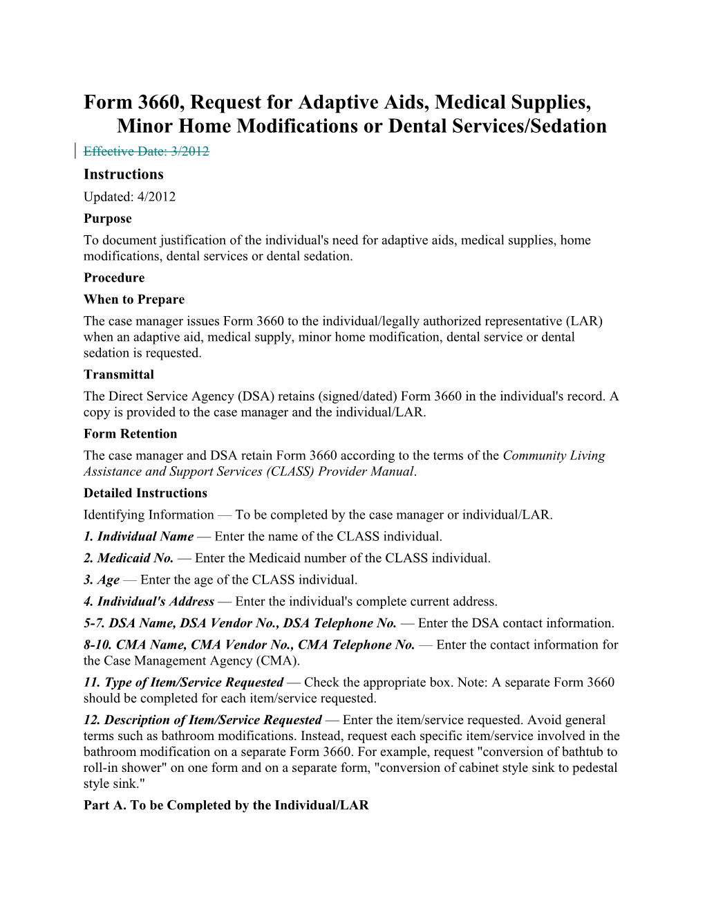 Form 3660, Request for Adaptive Aids, Medical Supplies, Minor Home Modifications Or Dental