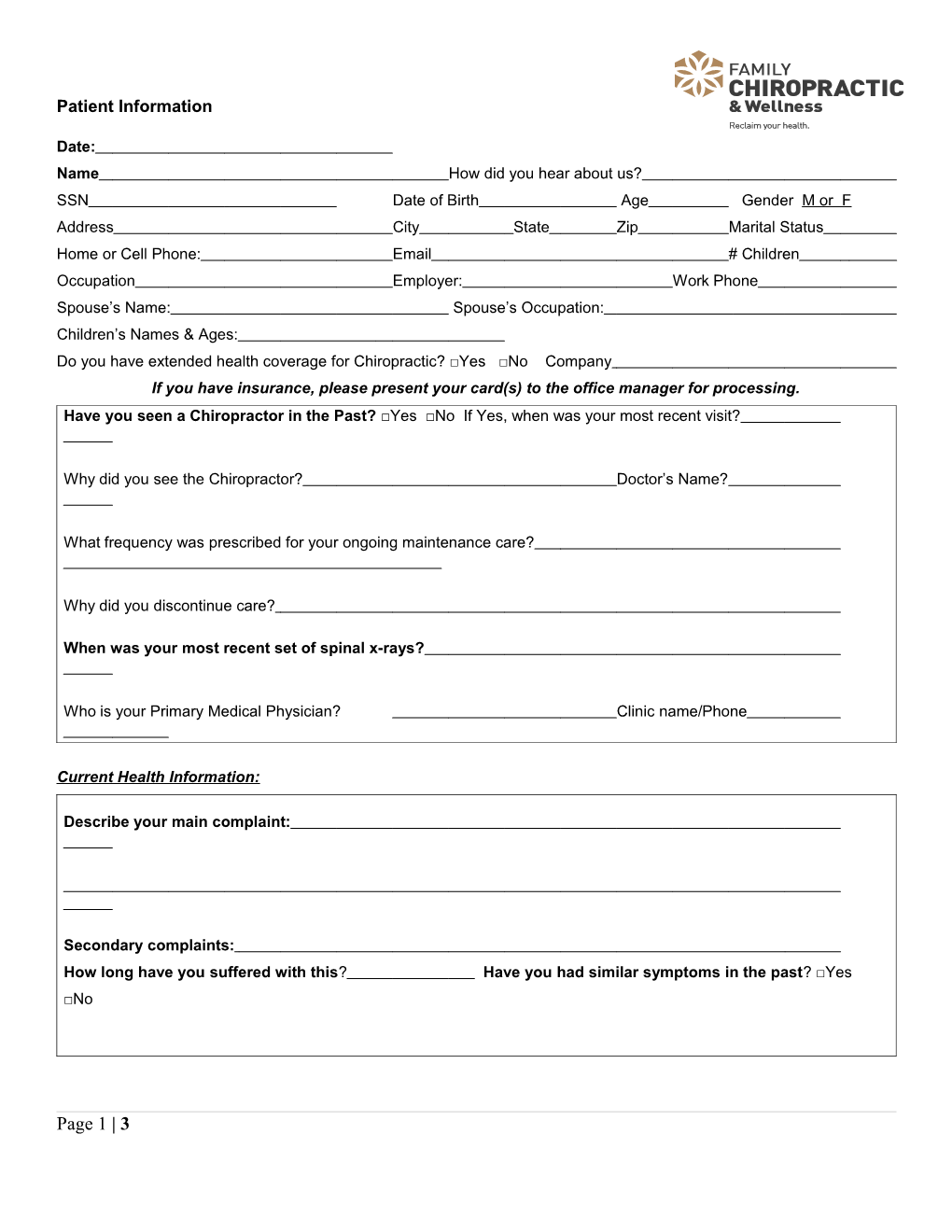 New Patient Intake Form with Consent & Pain Drawing