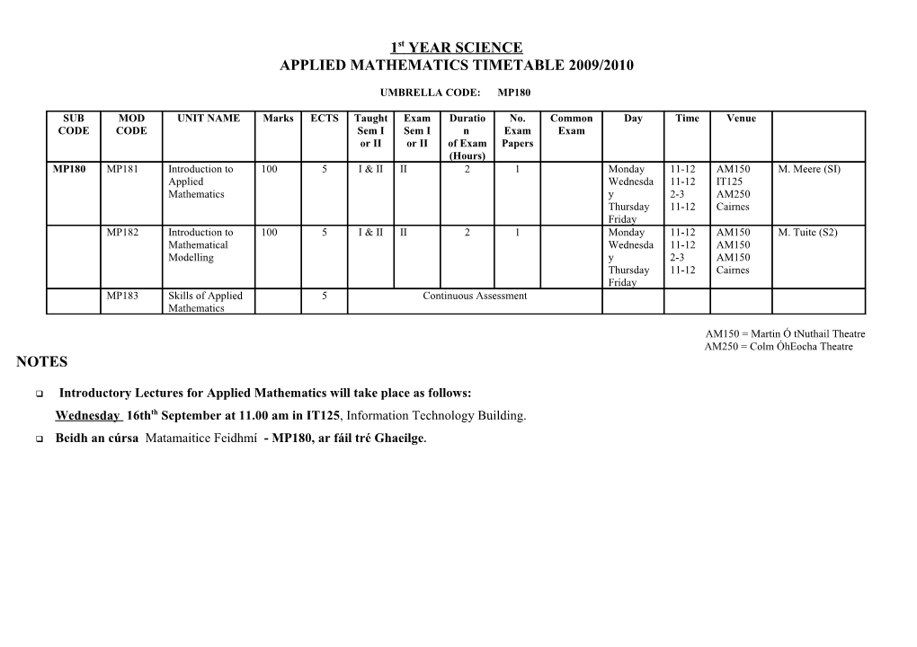 Applied Mathematics Timetable 2009/2010