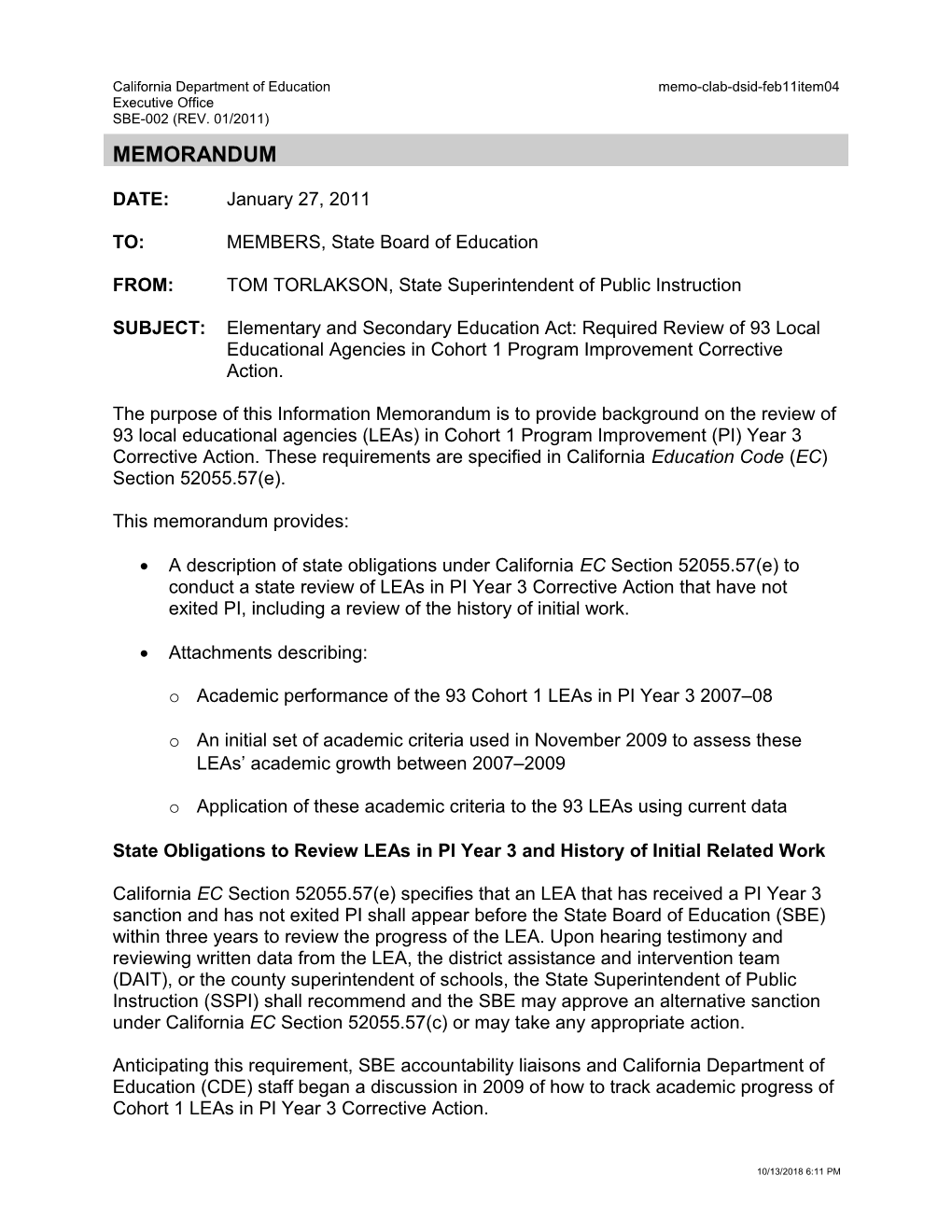 February 2011 Memorandum DSID Item 4 - Information Memorandum (CA State Board of Education)
