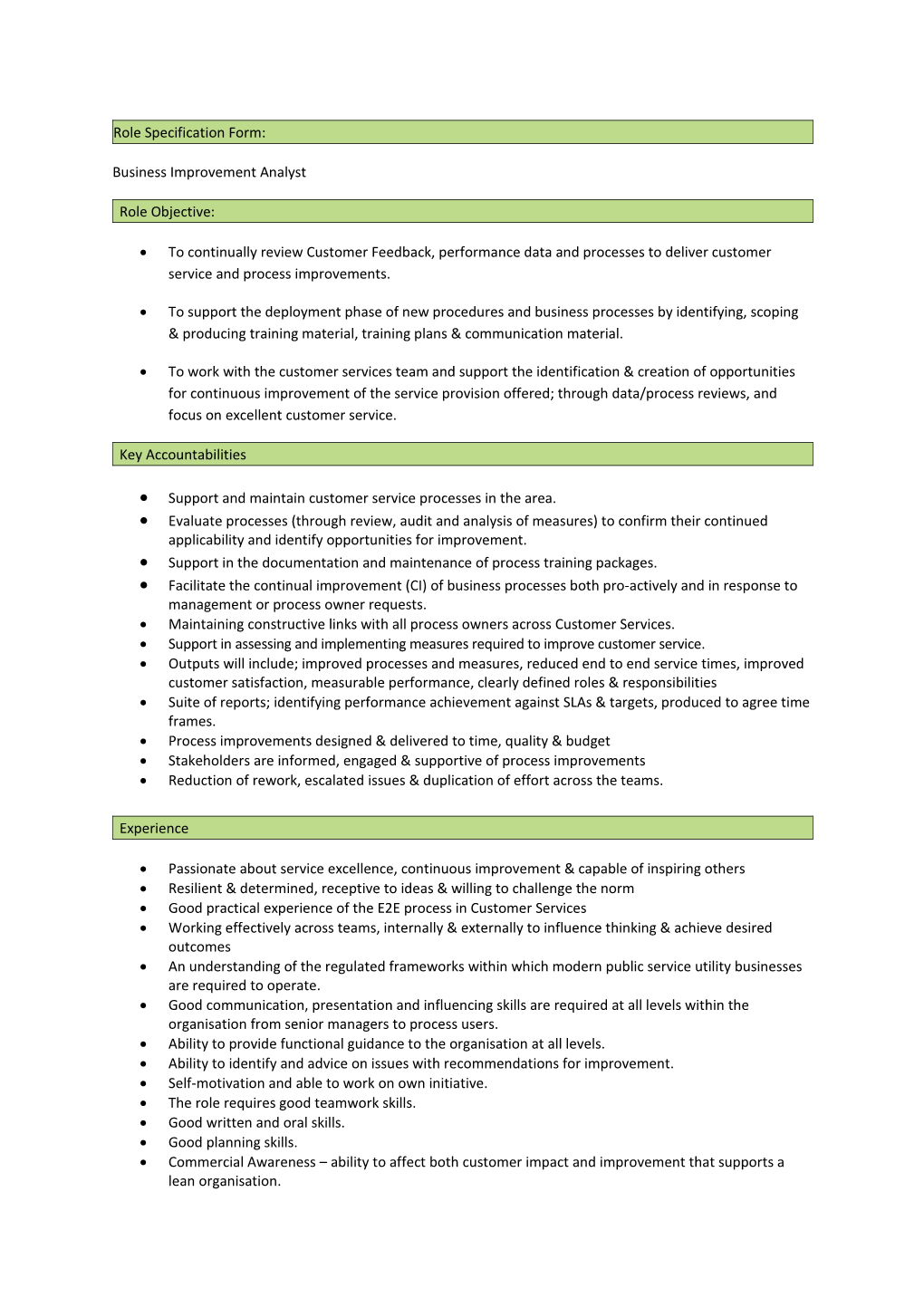 Role Specification Form