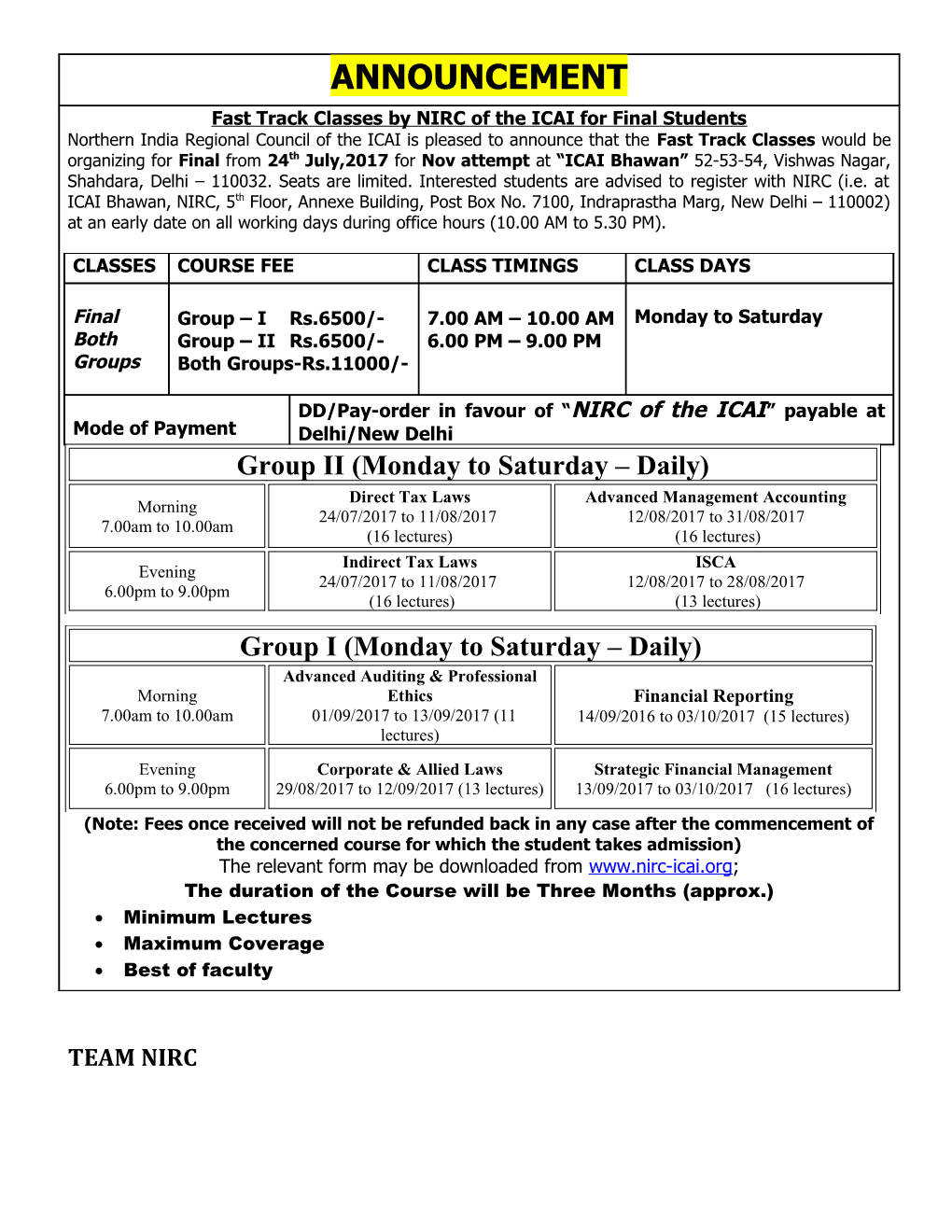 Form of Fast Track Classes for Final Both Groups