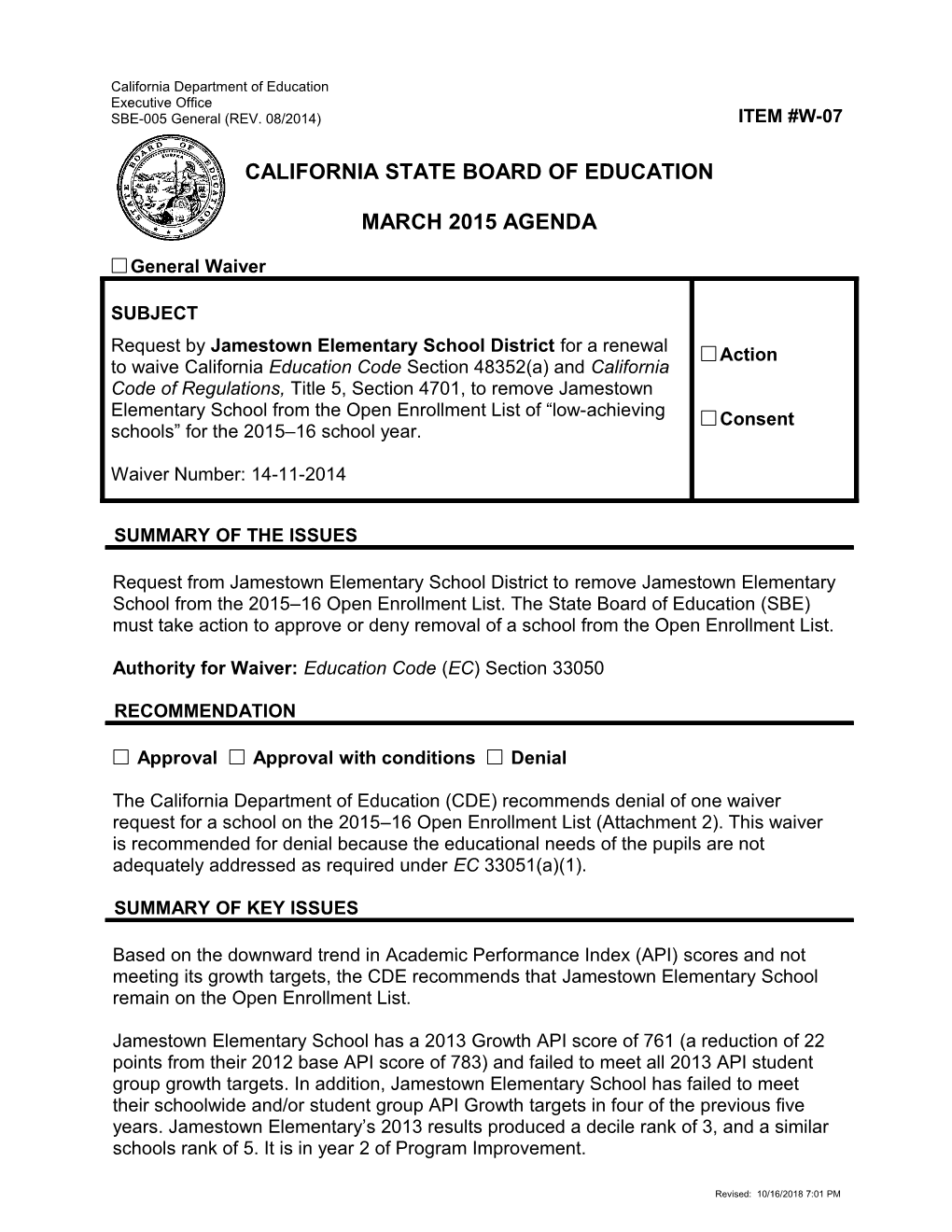 March 2015 Waiver Item W-07 - Meeting Agendas (CA State Board of Education)