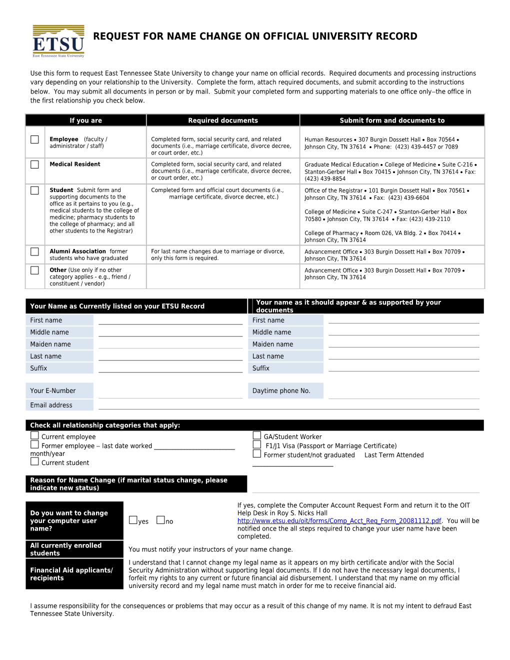 Request for Name Change on Official University Record