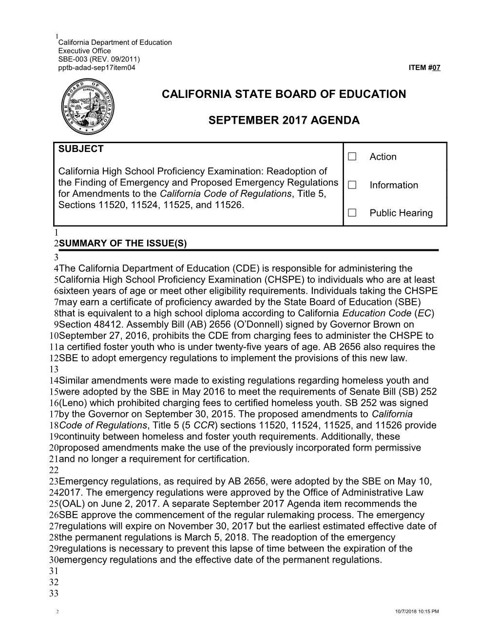 September 2017 Agenda Item 07 - Meeting Agendas (CA State Board of Education)