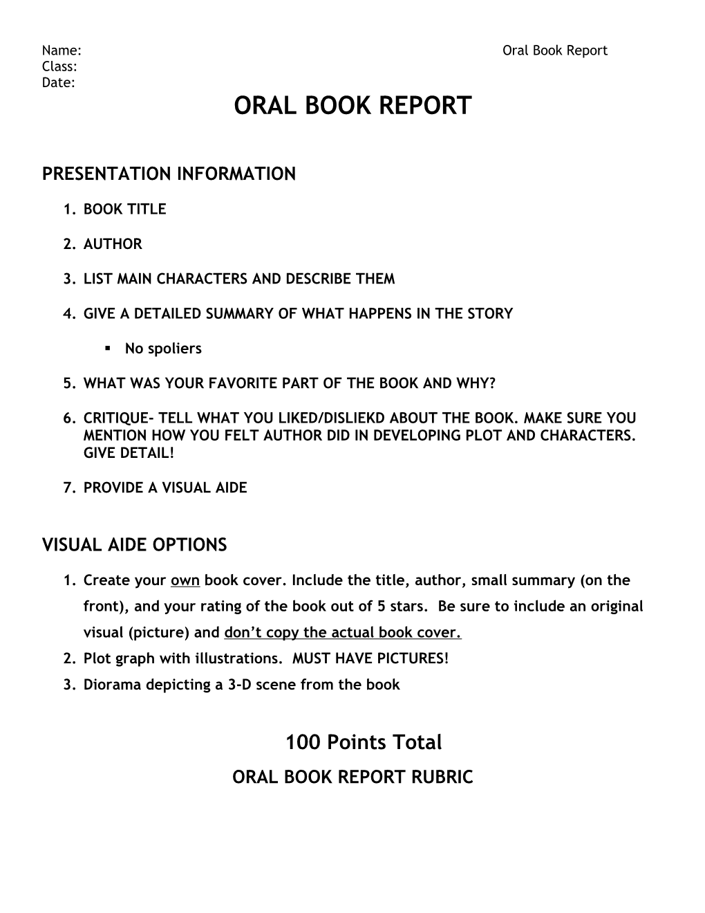 Oral Book Report Rubric