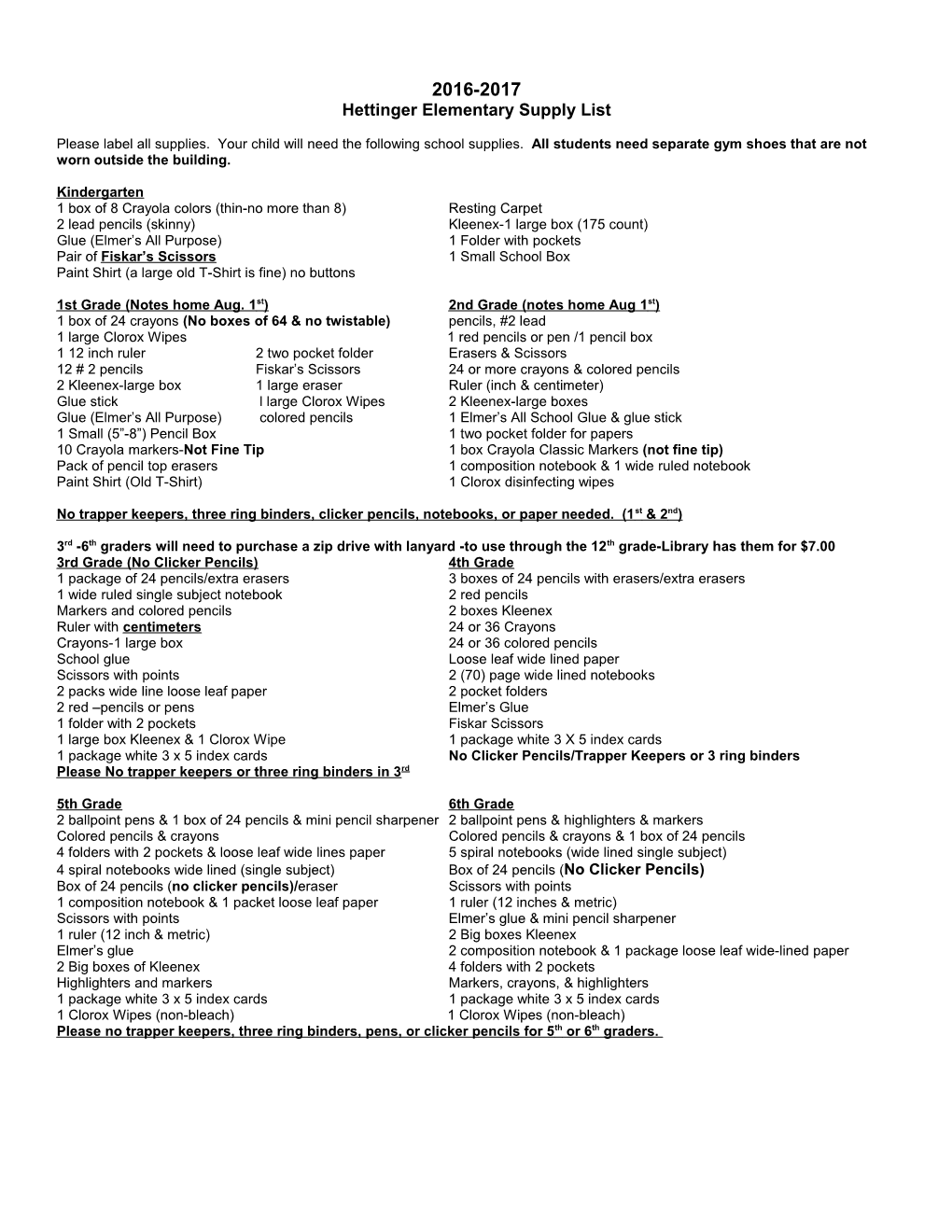 Hettinger Elementary Supply List