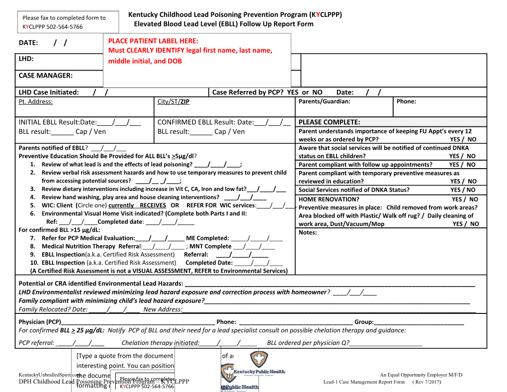 Elevated Blood Lead Level (EBLL) Follow up Report Form