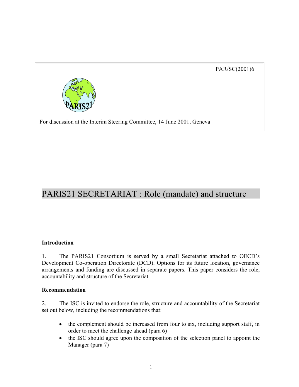 PARIS21 SECRETARIAT : Role (Mandate) and Structure