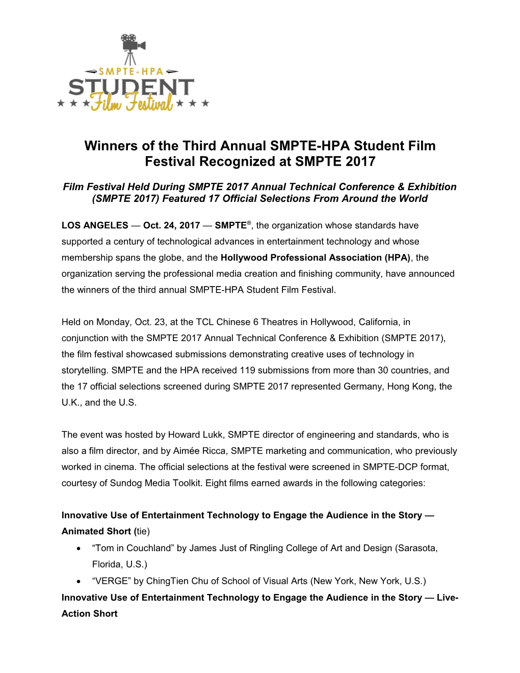 SMPTE Press Release