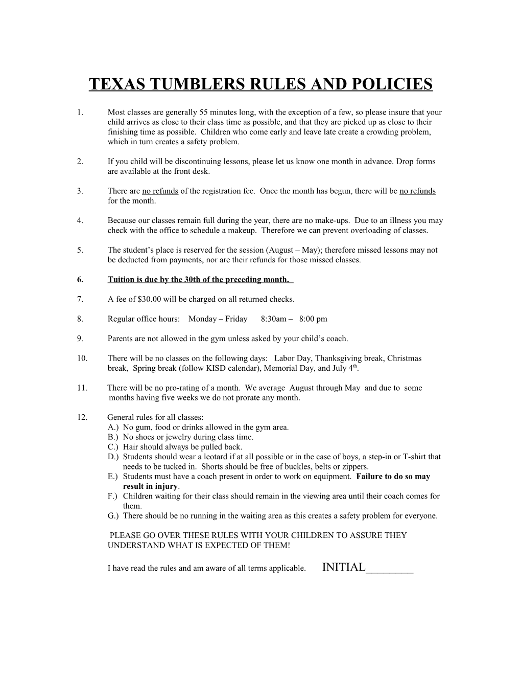 Texas Tumblers Rules and Policies