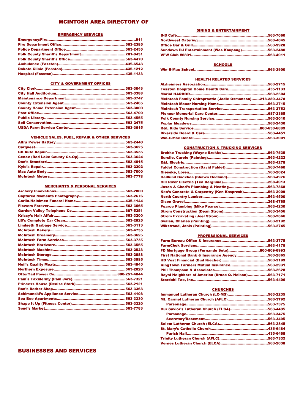Mcintosh Area Directory Of