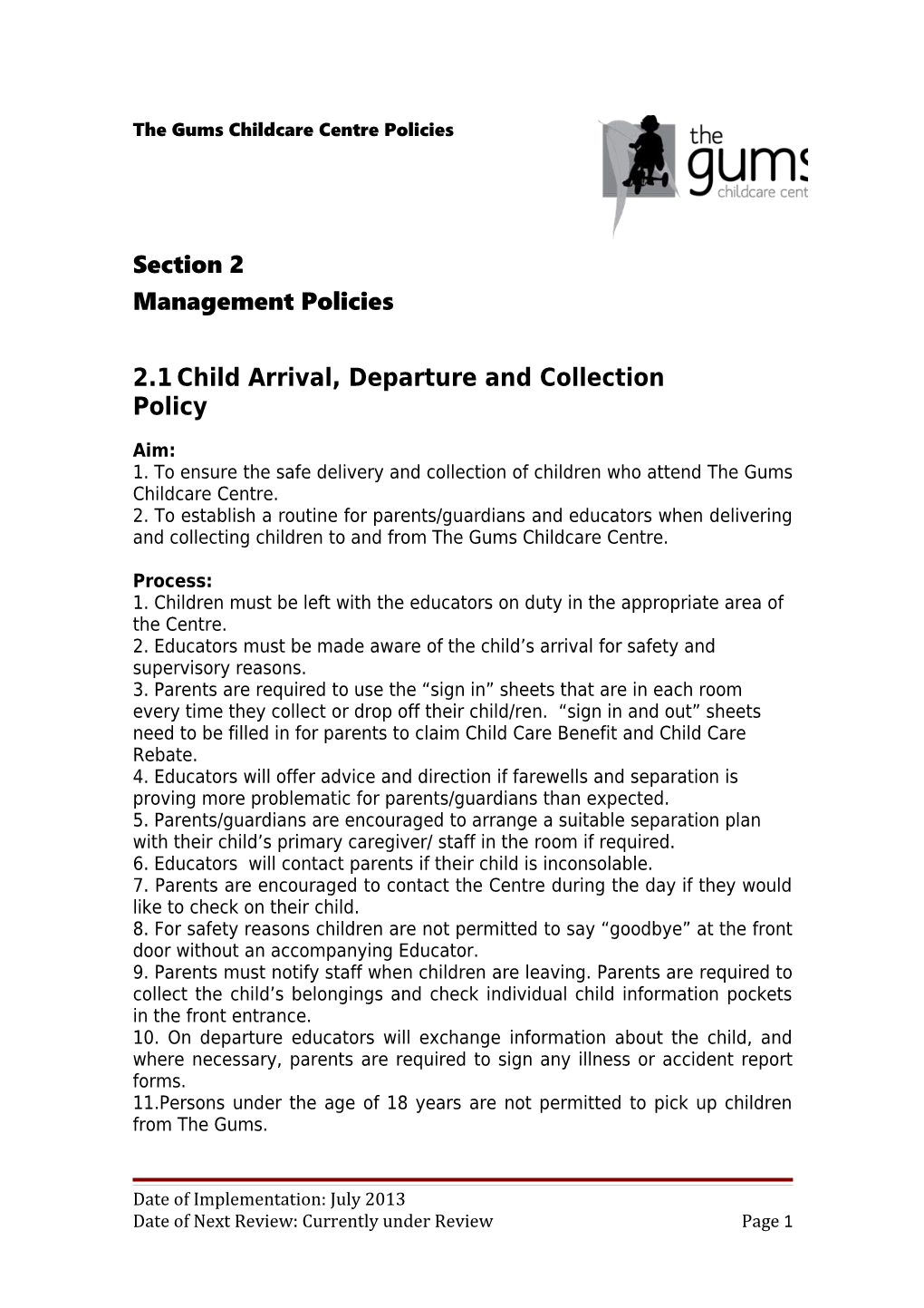 2.1Child Arrival, Departure and Collectionpolicy